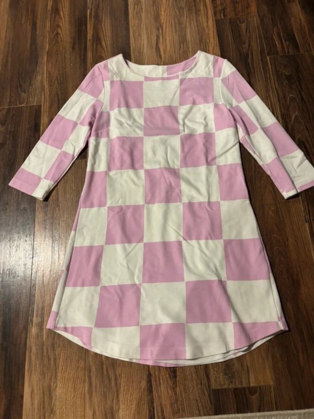Mahi Gold Checkered Shift Dress Small Pink White 60s Retro Mod 3/4 Sleeve Knit
